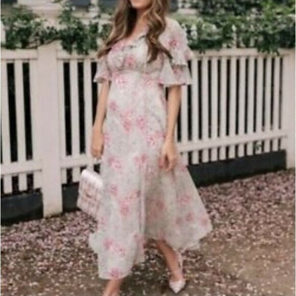 Gal Meets Glam Shelby Green Pink Flower Ruffled Spring Maxi Dress Size XXS - Picture 2 of 10